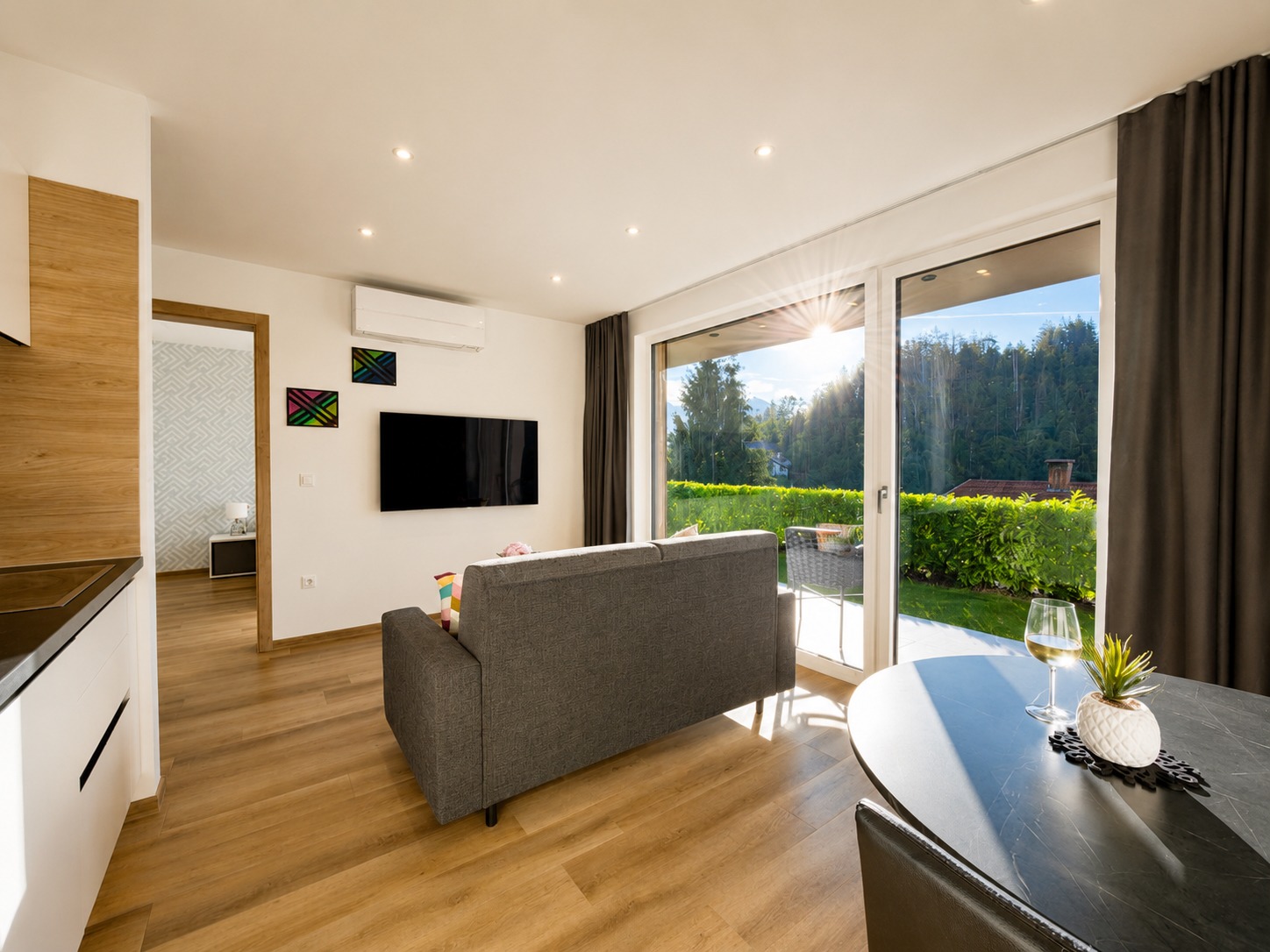Lake and mountain view apartment interior